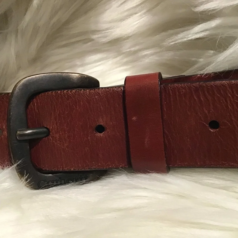 Carhartt Brown Cowhide Genuine Leather Belt, center topstitching, brass buckle